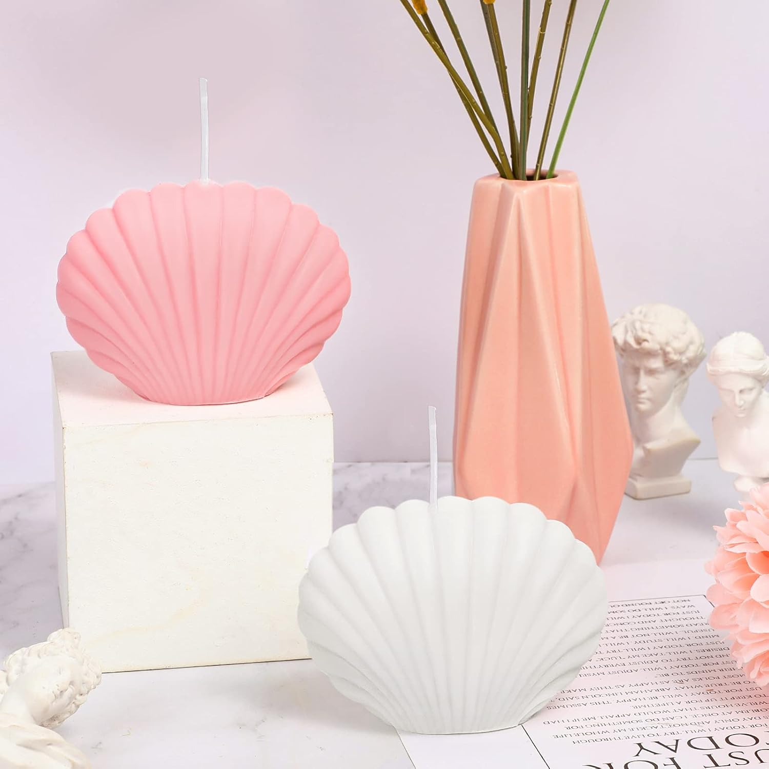 2 Pieces Seashell Scented Candles Aesthetic Trendy Candles Hand Poured Soy Wax Handmade Freesia Seashell Shape for Danish Pastel Room Decor, White, Pink(Cute Style) Its Tayyab's