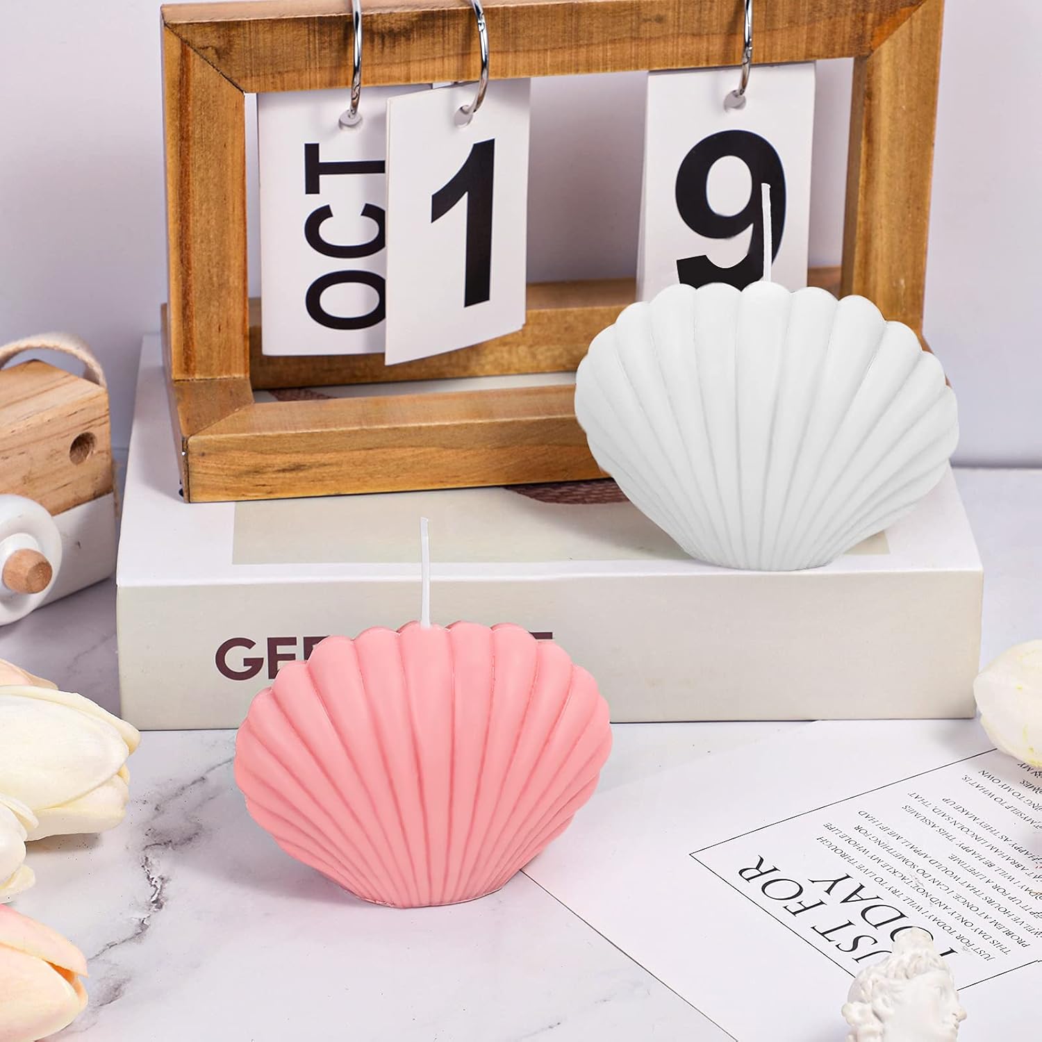 2 Pieces Seashell Scented Candles Aesthetic Trendy Candles Hand Poured Soy Wax Handmade Freesia Seashell Shape for Danish Pastel Room Decor, White, Pink(Cute Style) Its Tayyab's