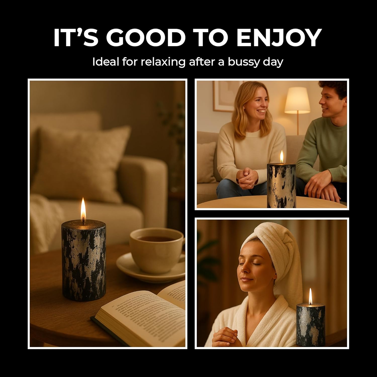 2-Piece Black Pillar Candles with Silver Foil | Scented, Dripless, Smokeless Candles | 4 in Height & 2 in Width | 10 Hours Burn Time Each Candle | Ideal for Weddings, Parties, Home Decor Its Tayyab's