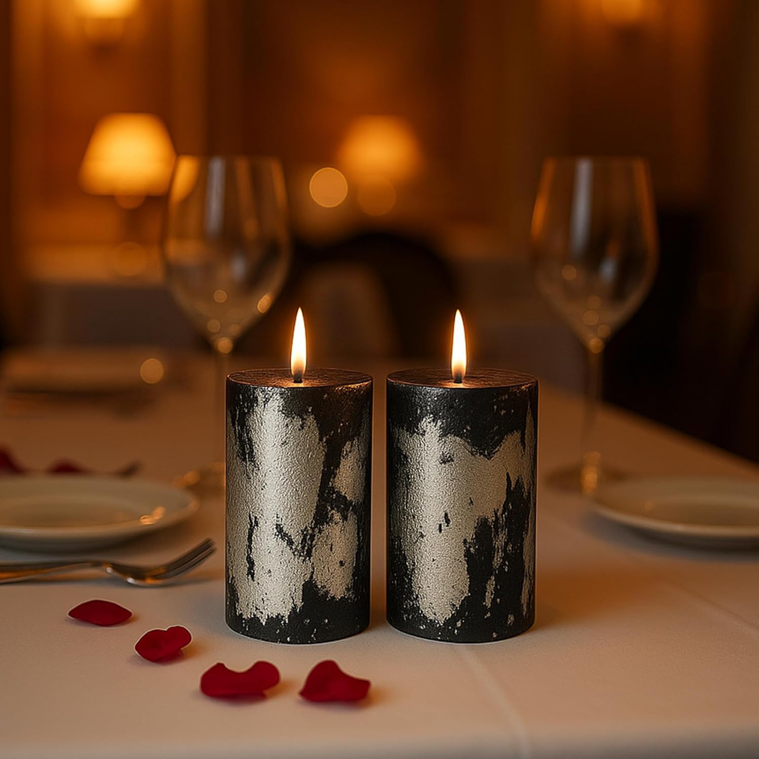 2-Piece Black Pillar Candles with Silver Foil | Scented, Dripless, Smokeless Candles | 4 in Height & 2 in Width | 10 Hours Burn Time Each Candle | Ideal for Weddings, Parties, Home Decor Its Tayyab's