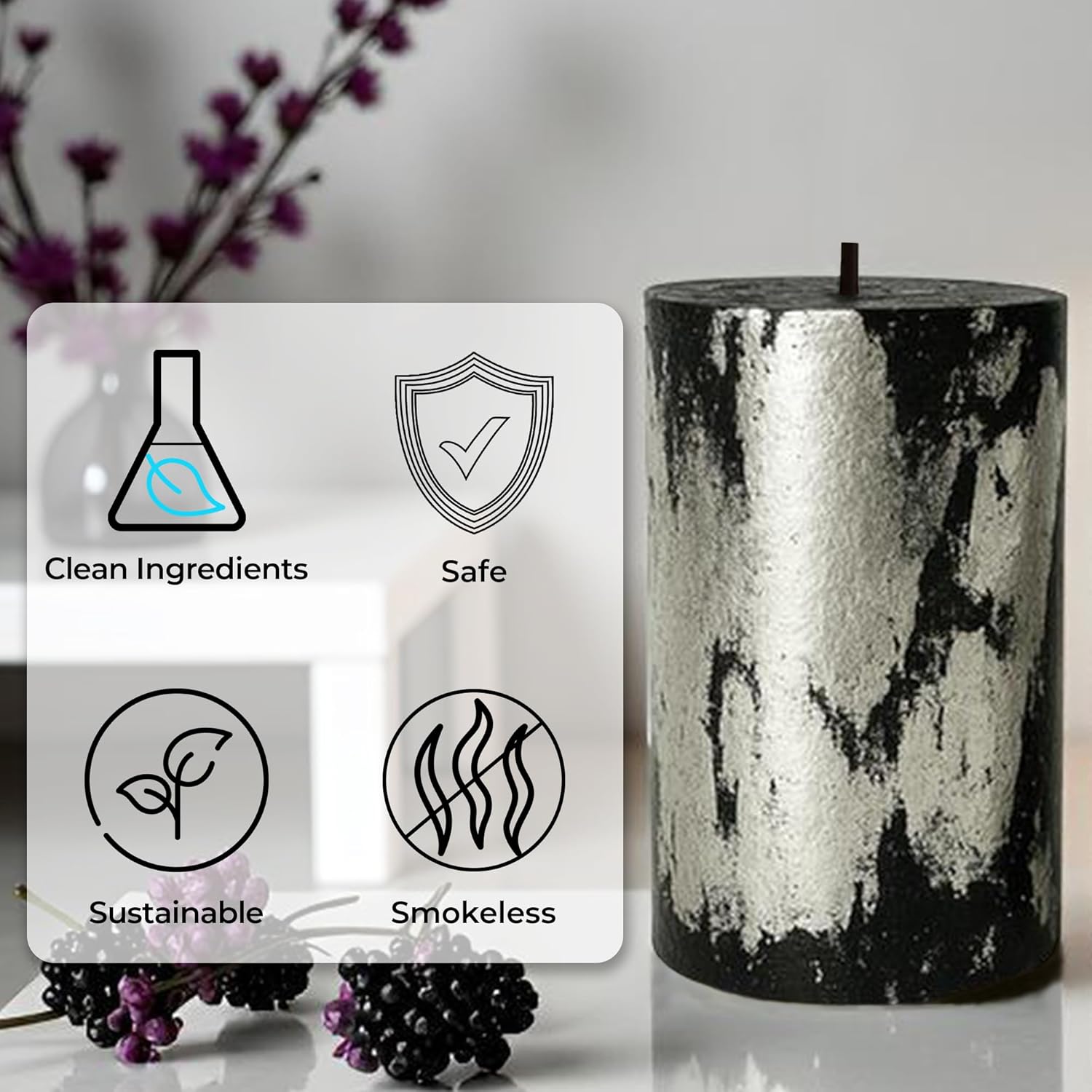 2-Piece Black Pillar Candles with Silver Foil | Scented, Dripless, Smokeless Candles | 4 in Height & 2 in Width | 10 Hours Burn Time Each Candle | Ideal for Weddings, Parties, Home Decor Its Tayyab's
