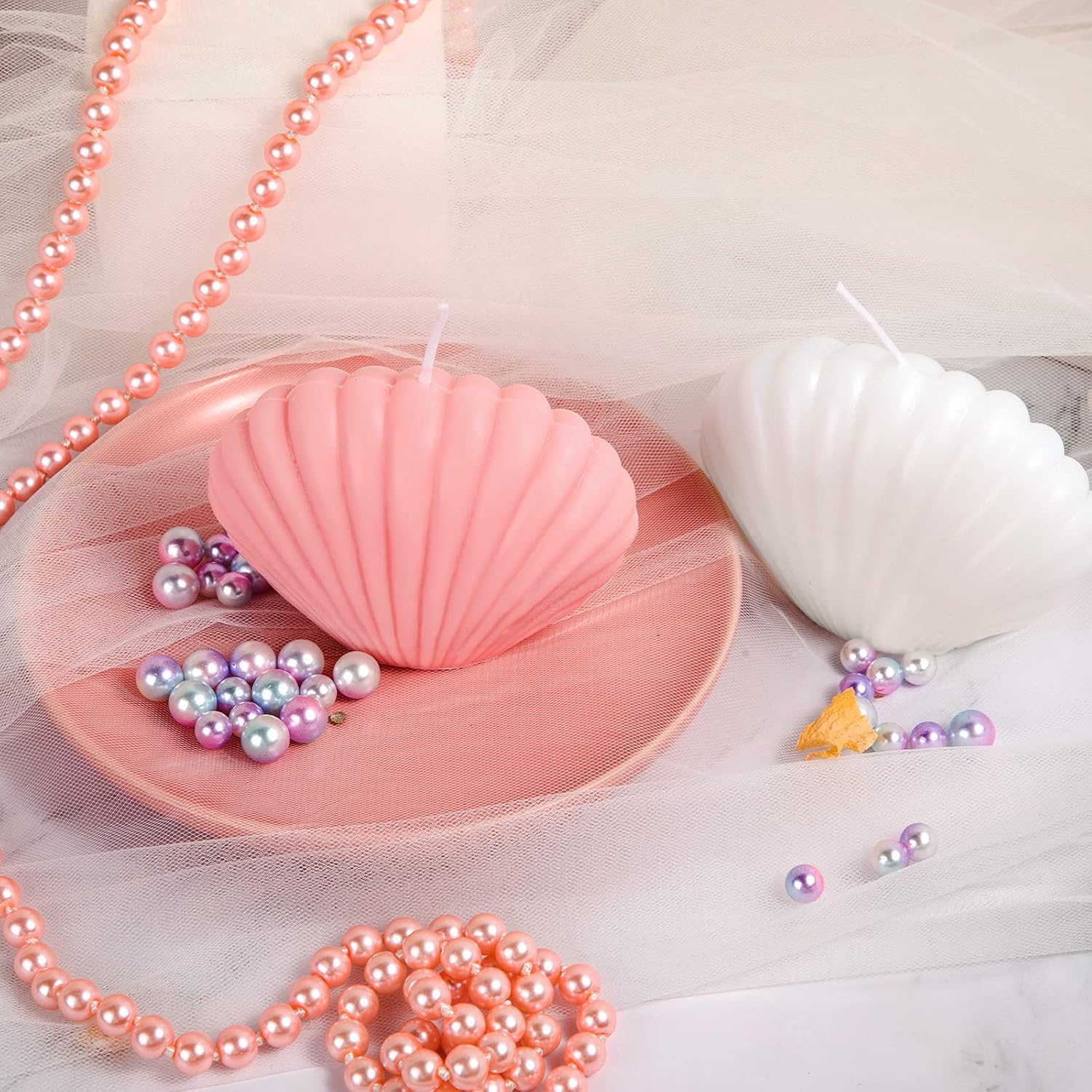 2 Pieces Seashell Scented Candles Aesthetic Trendy Candles Hand Poured Soy Wax Handmade Freesia Seashell Shape for Danish Pastel Room Decor, White, Pink(Cute Style) Its Tayyab's