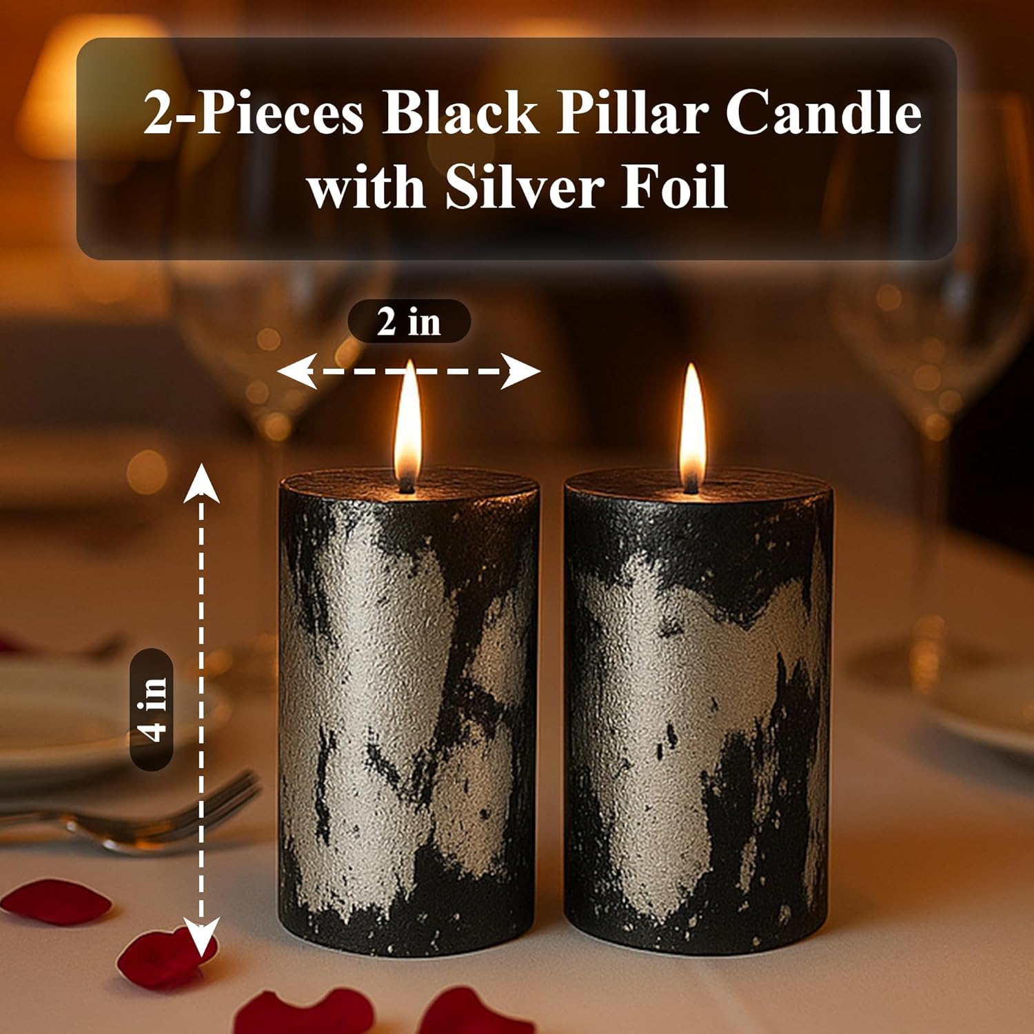 2-Piece Black Pillar Candles with Silver Foil | Scented, Dripless, Smokeless Candles | 4 in Height & 2 in Width | 10 Hours Burn Time Each Candle | Ideal for Weddings, Parties, Home Decor Its Tayyab's
