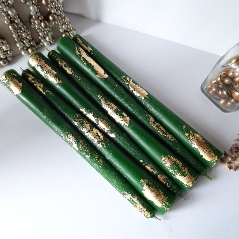 Green Taper candles Set o 6 decorative with gold foil - Dinner candles - Home Décor - Housewarming Gift - Handmade Candles