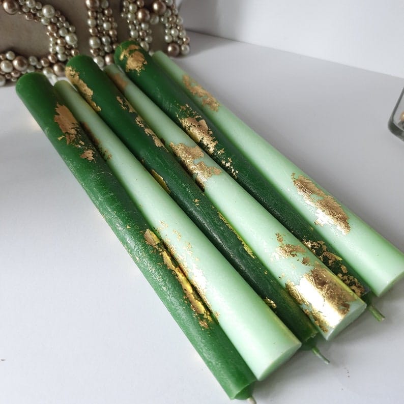 Green Taper candles Set o 6 decorative with gold foil - Dinner candles - Home Décor - Housewarming Gift - Handmade Candles