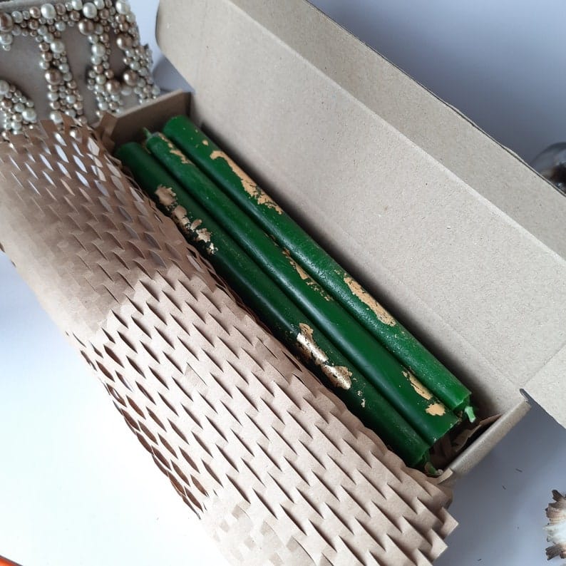 Green Taper candles Set o 6 decorative with gold foil - Dinner candles - Home Décor - Housewarming Gift - Handmade Candles
