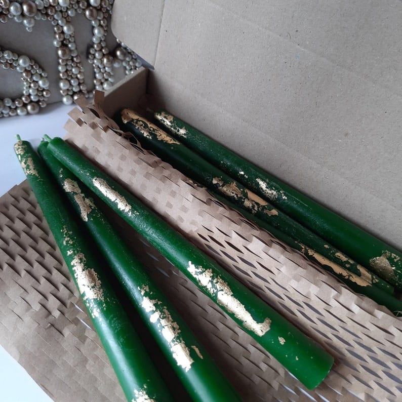 Green Taper candles Set o 6 decorative with gold foil - Dinner candles - Home Décor - Housewarming Gift - Handmade Candles
