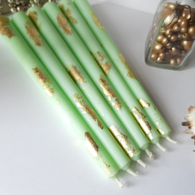 Green Taper candles Set o 6 decorative with gold foil - Dinner candles - Home Décor - Housewarming Gift - Handmade Candles