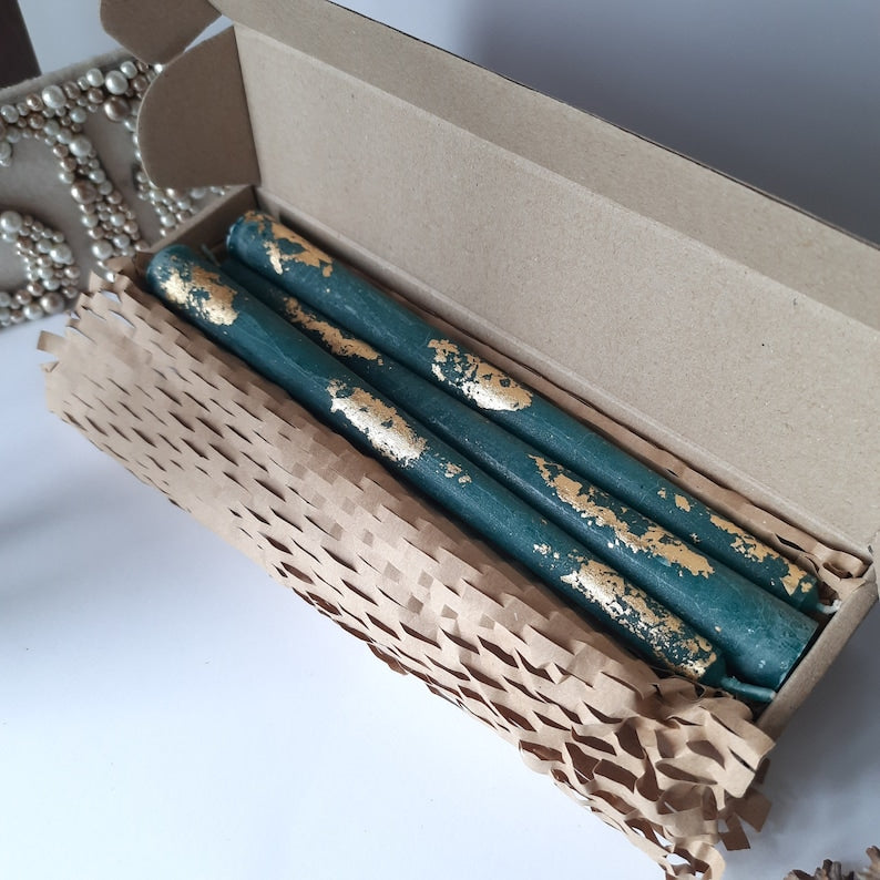 Teal Taper candles with Gold foil _ Set o 6 decorative candles _ sticks Dinner candles _ Housewarming Gift _ Beautiful handmade Candles