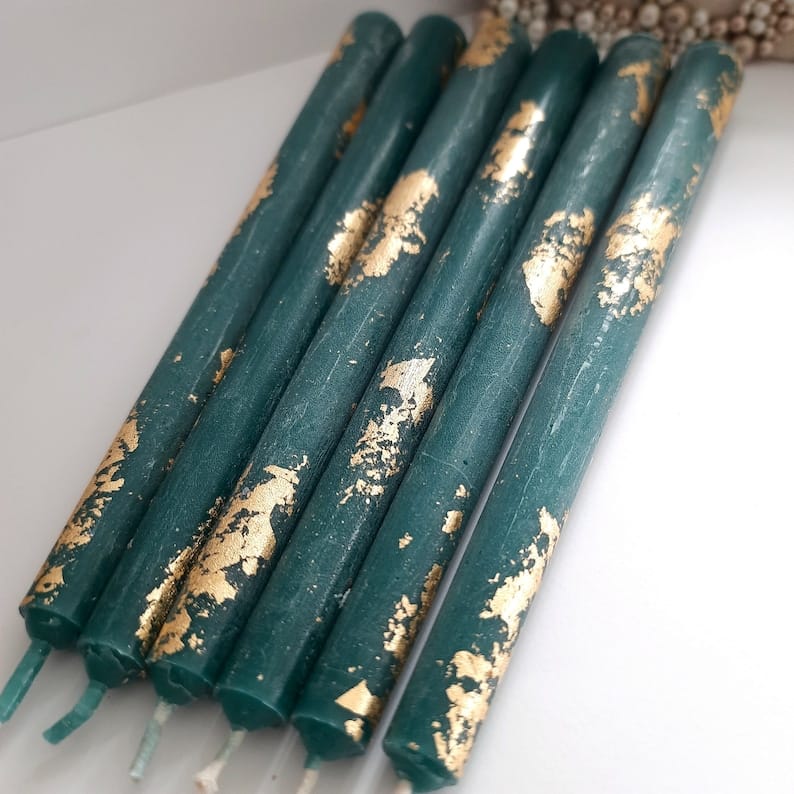 Teal Taper candles with Gold foil _ Set o 6 decorative candles _ sticks Dinner candles _ Housewarming Gift _ Beautiful handmade Candles