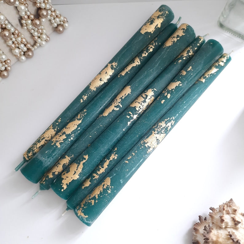Teal Taper candles with Gold foil _ Set o 6 decorative candles _ sticks Dinner candles _ Housewarming Gift _ Beautiful handmade Candles