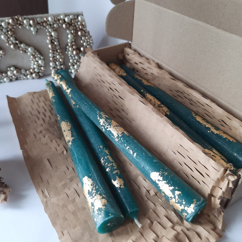 Teal Taper candles with Gold foil _ Set o 6 decorative candles _ sticks Dinner candles _ Housewarming Gift _ Beautiful handmade Candles