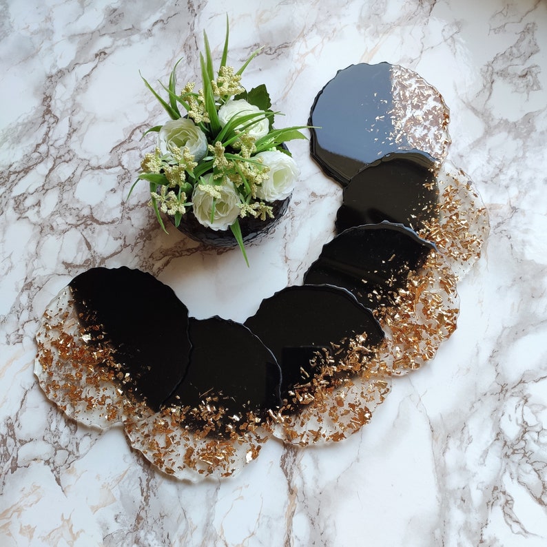 Black and Gold Resin Coasters Modern Handmade Epoxy Coasters Set