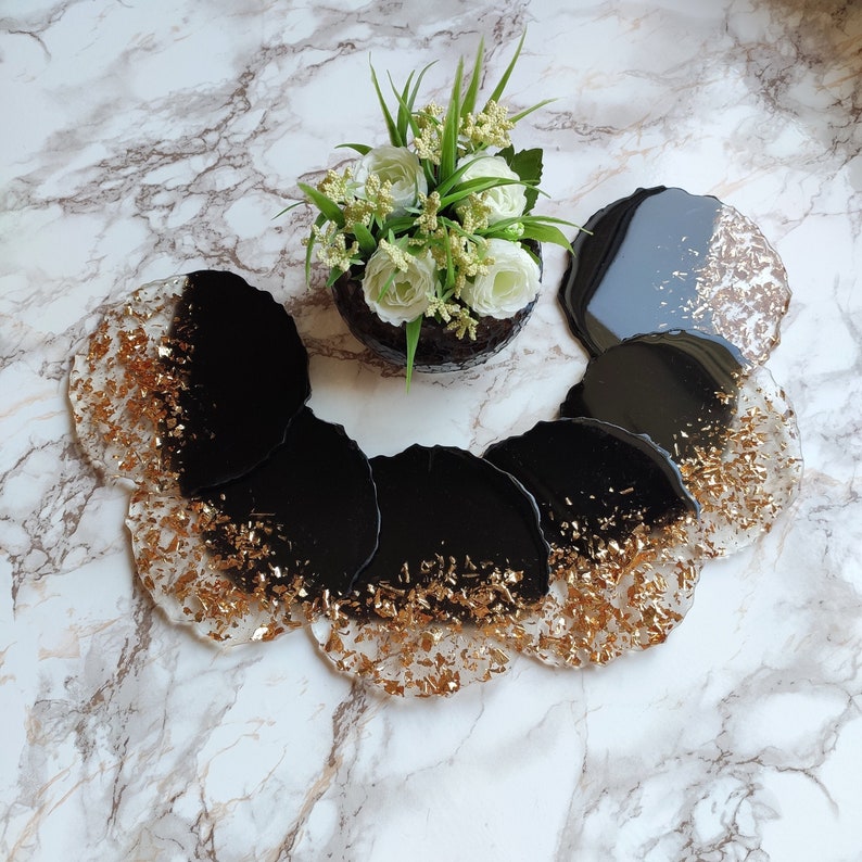 Black and Gold Resin Coasters Modern Handmade Epoxy Coasters Set