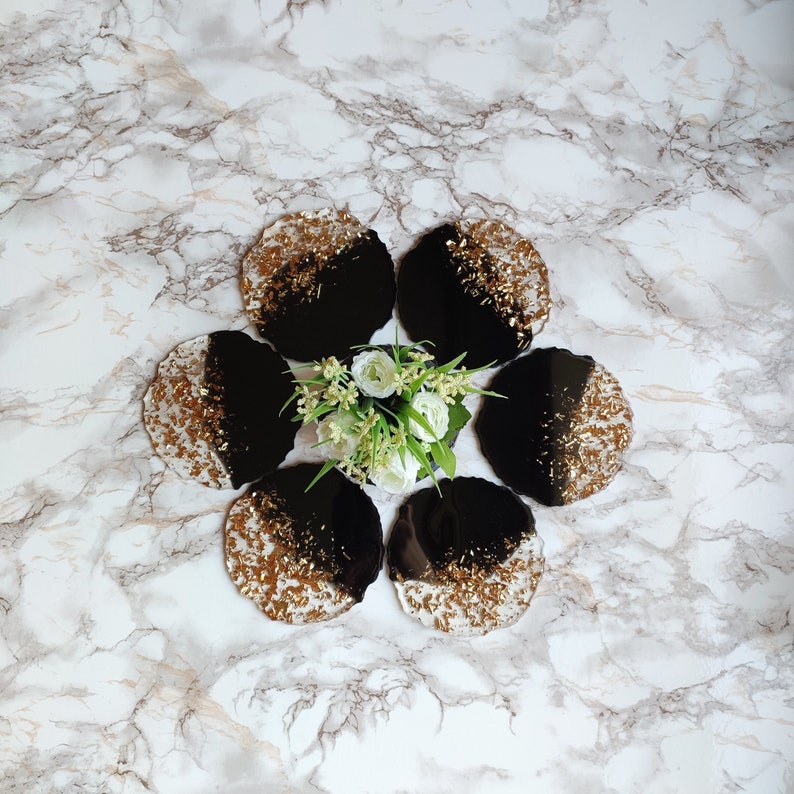 Black and Gold Resin Coasters Modern Handmade Epoxy Coasters Set