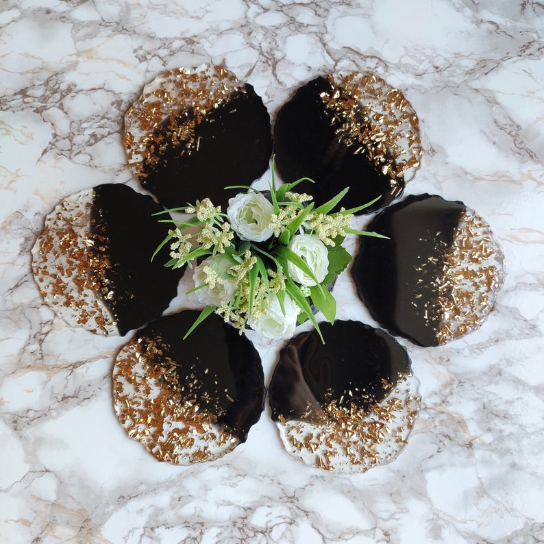 Black and Gold Resin Coasters Modern Handmade Epoxy Coasters Set