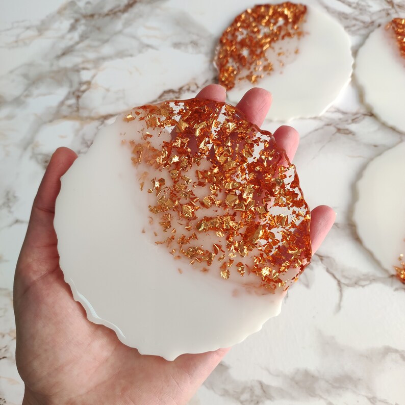 Handmade White and Gold Resin Coasters Set