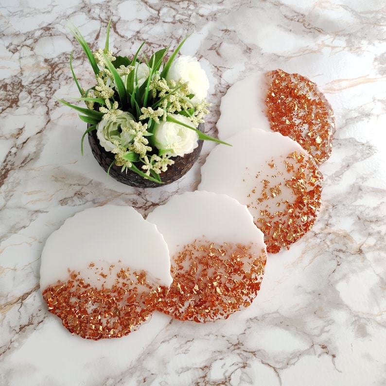 Handmade White and Gold Resin Coasters Set