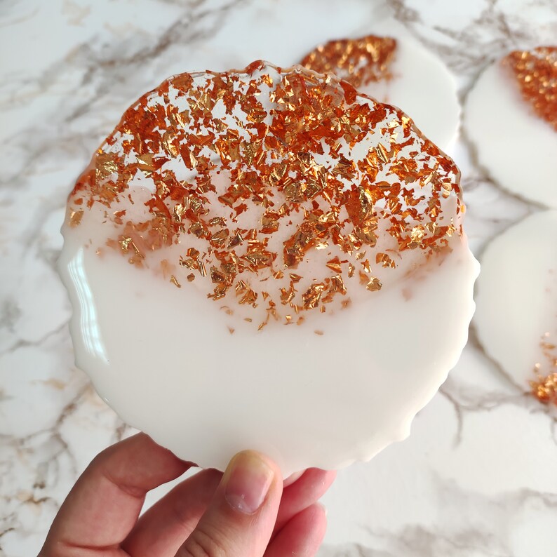 Handmade White and Gold Resin Coasters Set