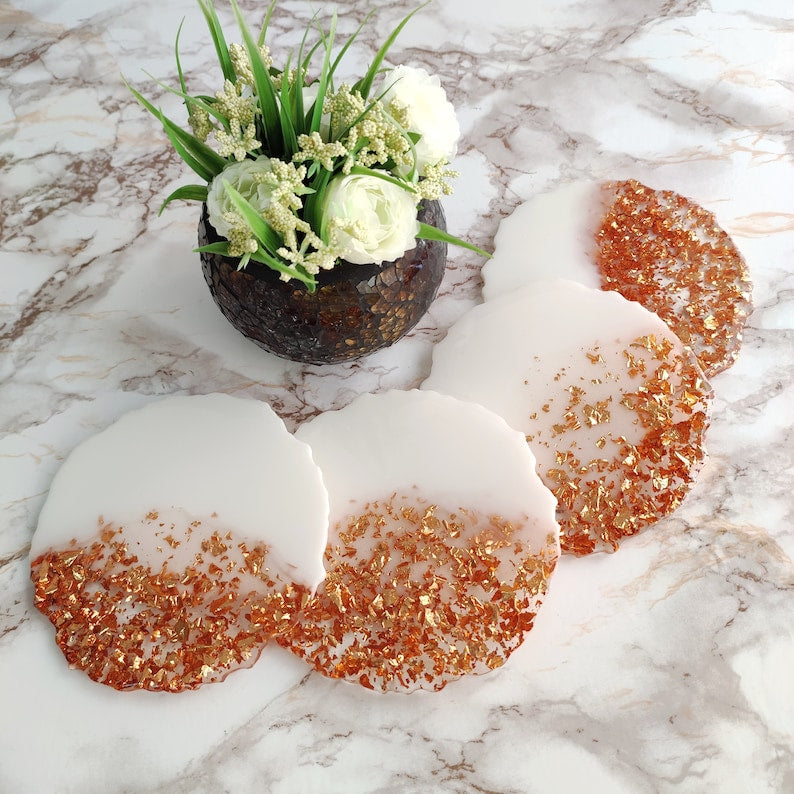 Handmade White and Gold Resin Coasters Set