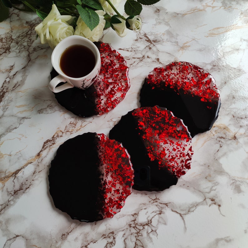 Red & Black Resin Coasters Handmade Modern Kitchen Décor