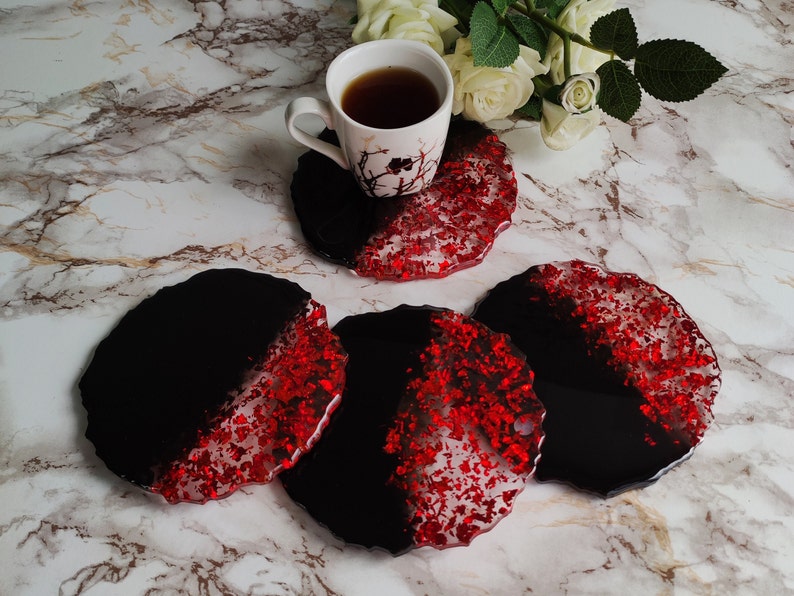 Red & Black Resin Coasters Handmade Modern Kitchen Décor