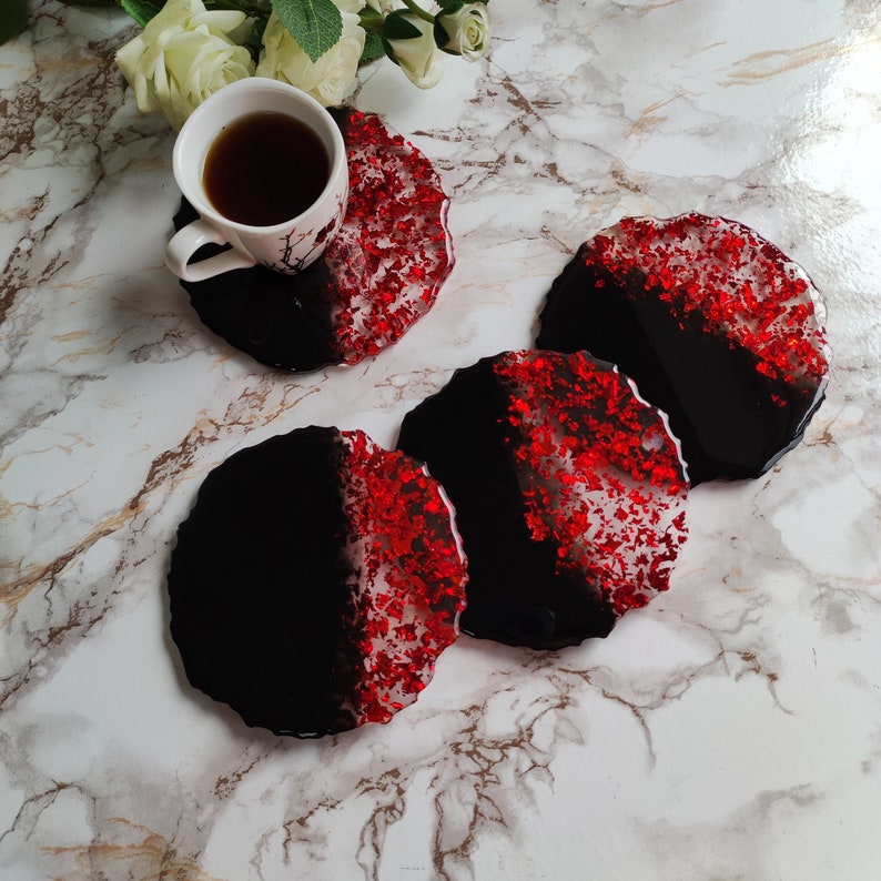 Red & Black Resin Coasters Handmade Modern Kitchen Décor