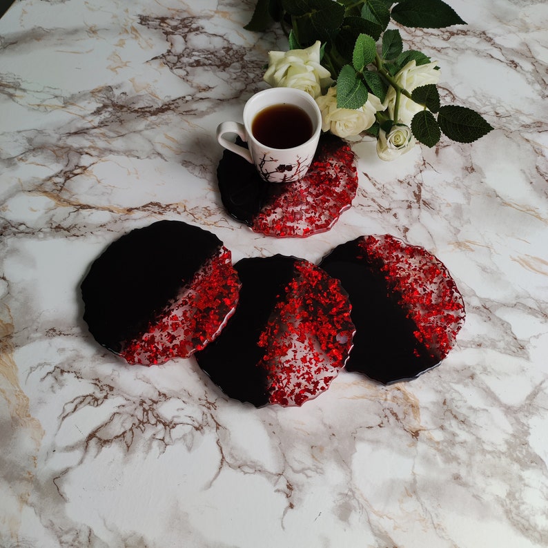 Red & Black Resin Coasters Handmade Modern Kitchen Décor