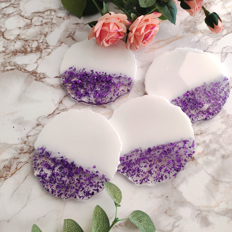 Handcrafted Resin Coasters White & Purple Home Décor