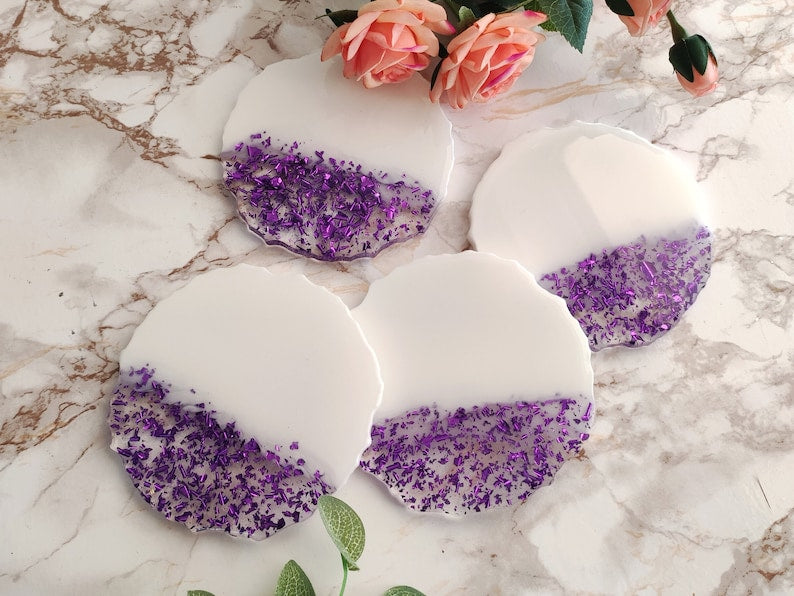 Handcrafted Resin Coasters White & Purple Home Décor