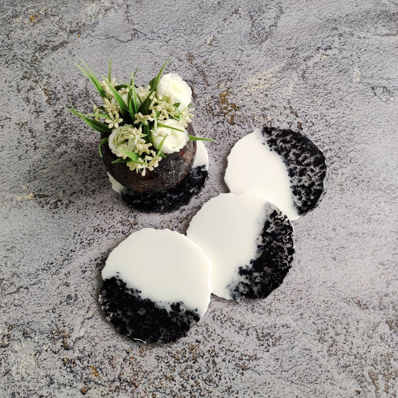 White and black resin coasters set, Cute drink coasters kitchen décor, Unique coffee cup coasters best friend birthday gift, coaster