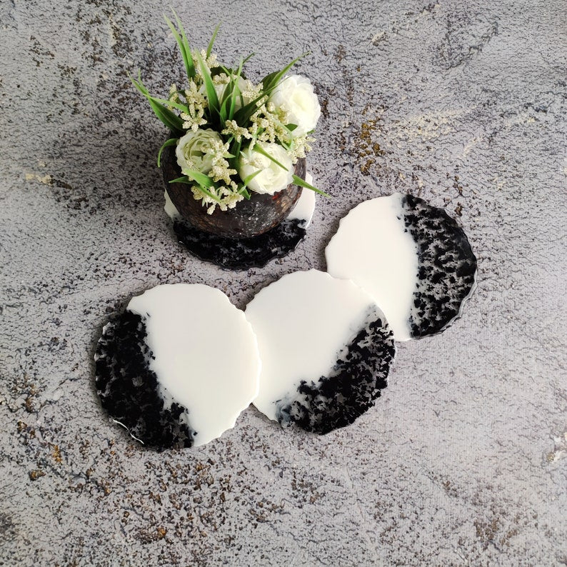 White and black resin coasters set, Cute drink coasters kitchen décor, Unique coffee cup coasters best friend birthday gift, coaster
