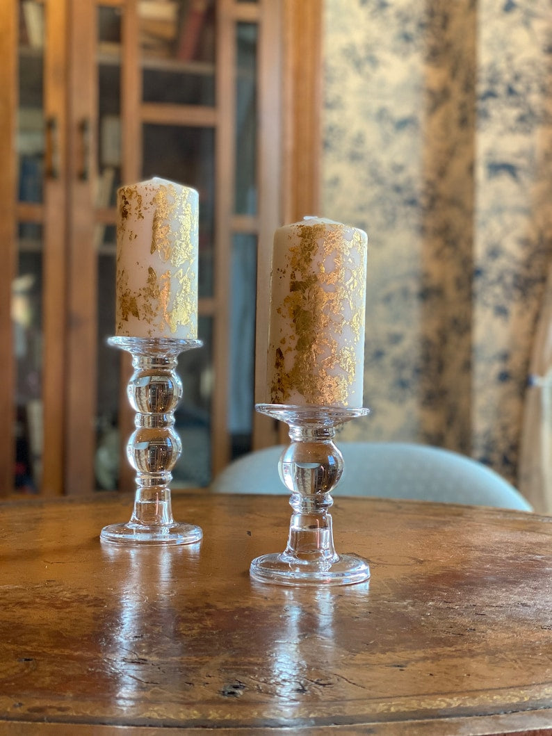 Set of 2 Handmade 3.5 Inches Gold Foil Decorative Pillar Candles, Paraffin Wax, Housewarming Gift