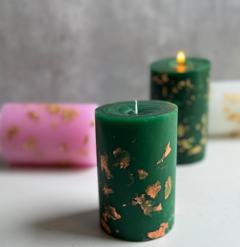 Candle ( 3 PC ) with Gold Foil 4 inch high and width 2.5 inch - Housewarming Gift - Gold and Green Pink White Décor - Long Burning Candles - Wedding Décor - Home Décor