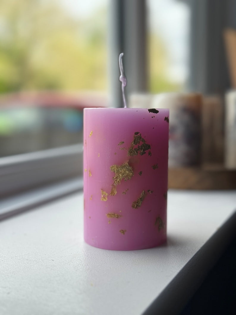 Candle ( 3 PC ) with Gold Foil 4 inch high and width 2.5 inch - Housewarming Gift - Gold and Green Pink White Décor - Long Burning Candles - Wedding Décor - Home Décor