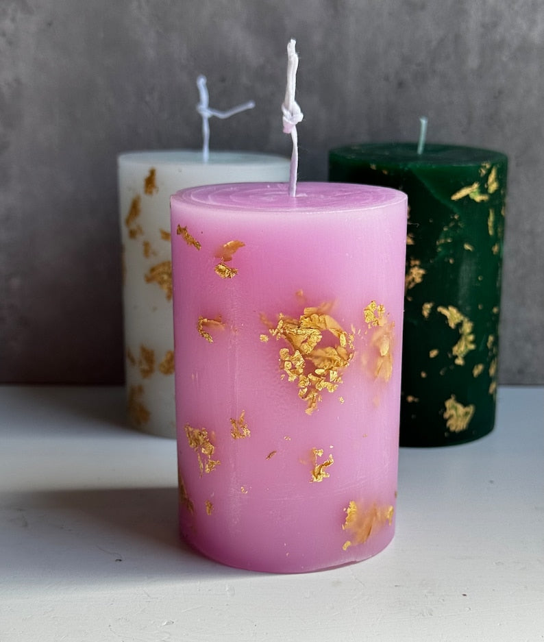 Candle ( 3 PC ) with Gold Foil 4 inch high and width 2.5 inch - Housewarming Gift - Gold and Green Pink White Décor - Long Burning Candles - Wedding Décor - Home Décor