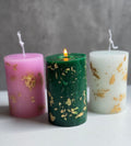 Candle ( 3 PC ) with Gold Foil 4 inch high and width 2.5 inch - Housewarming Gift - Gold and Green Pink White Décor - Long Burning Candles - Wedding Décor - Home Décor
