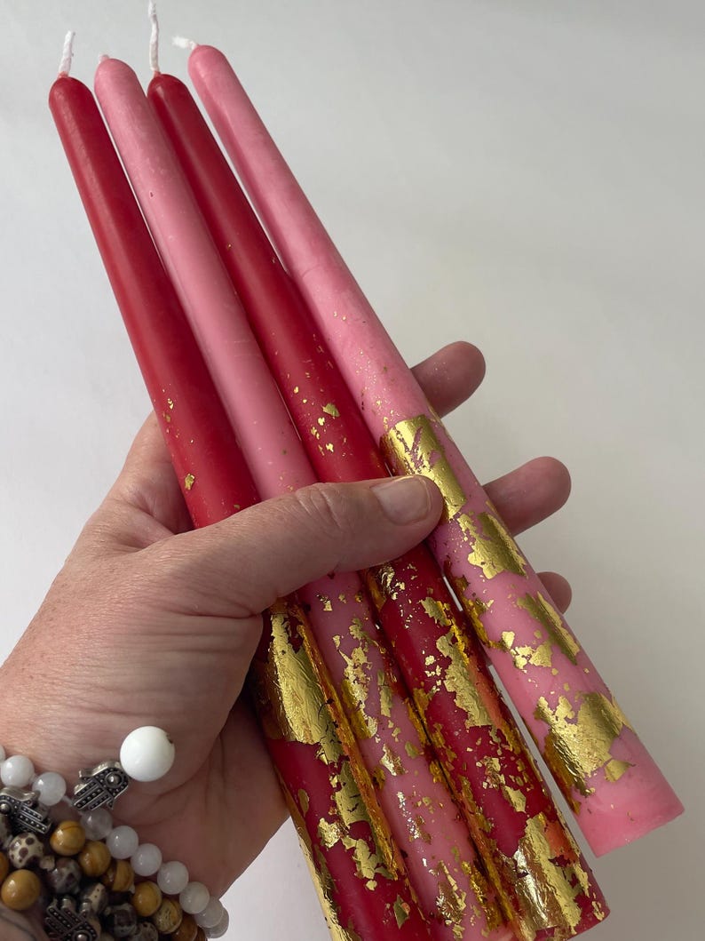 6 Taper Candle Set of Valentines - Gold foil decorative candles - Taper Candles Housewarming Unique & Beautiful Gift